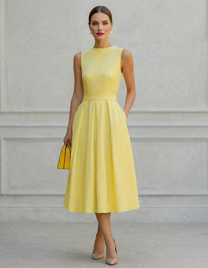 Lemon Yellow Round Neck With A Fitted Waist Midi Dress