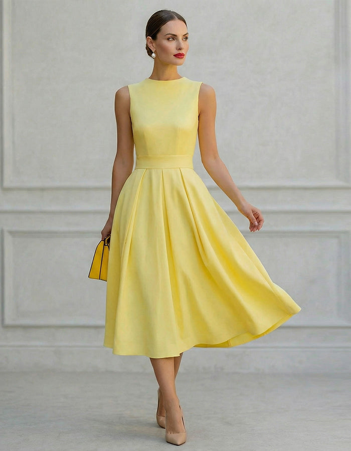 Lemon Yellow Round Neck With A Fitted Waist Midi Dress