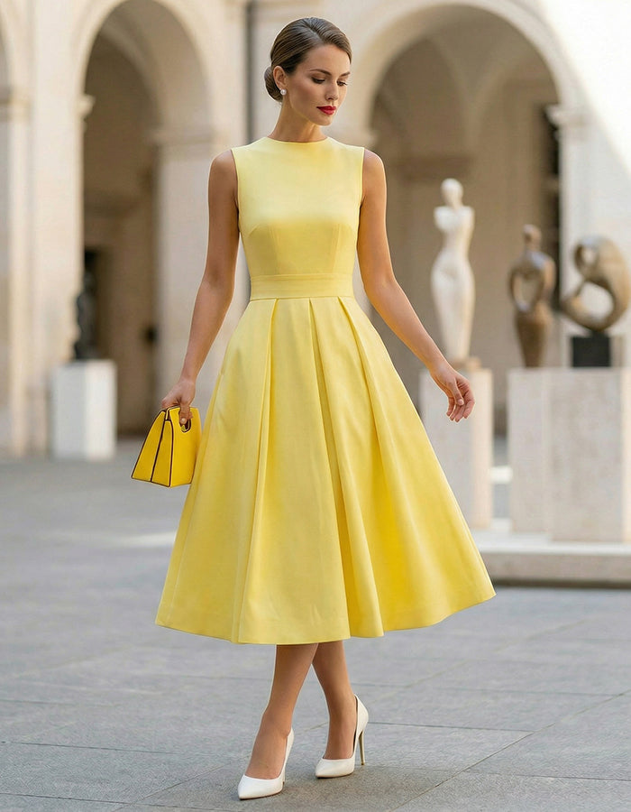 Lemon Yellow Round Neck With A Fitted Waist Midi Dress