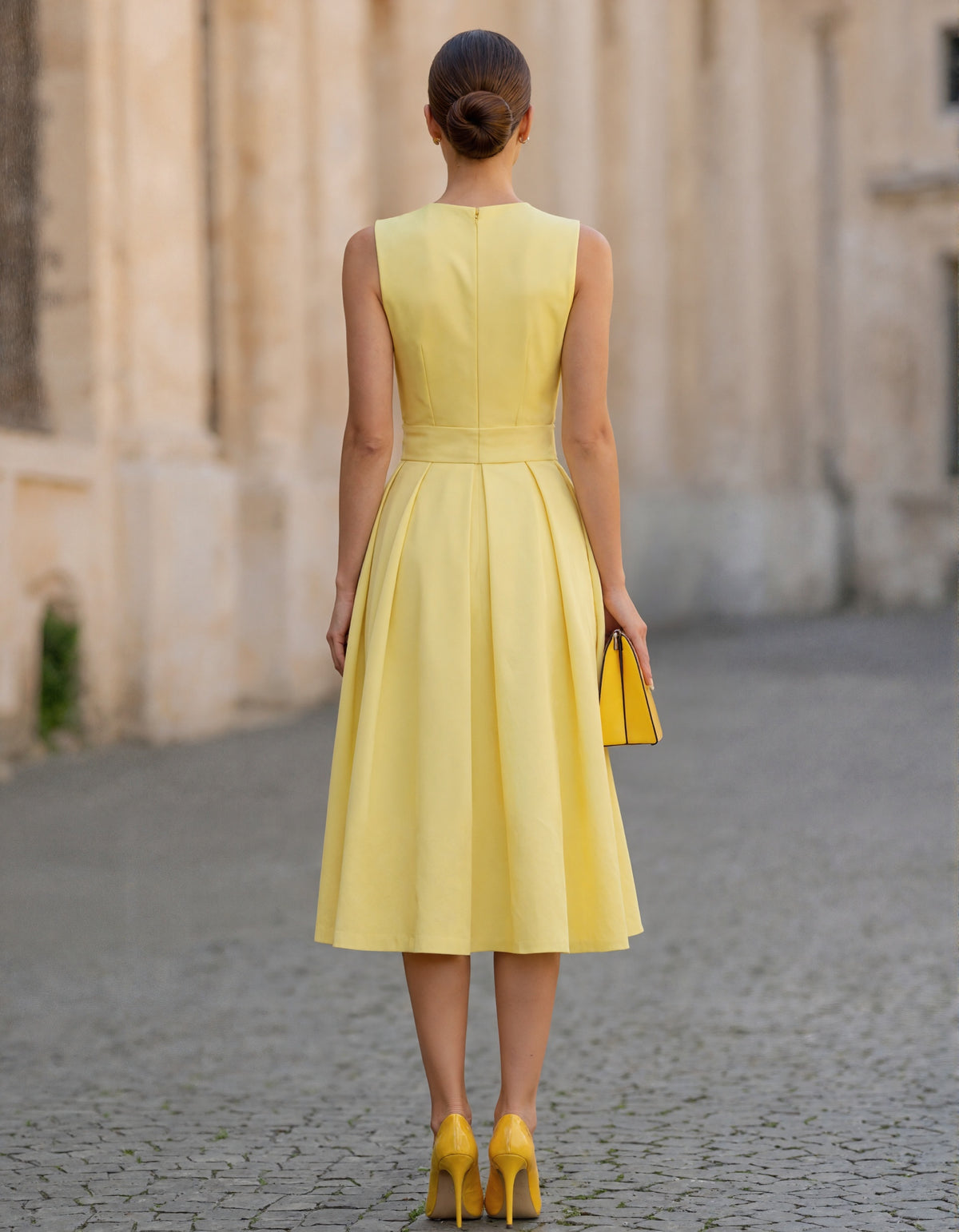 Lemon Yellow Round Neck With A Fitted Waist Midi Dress