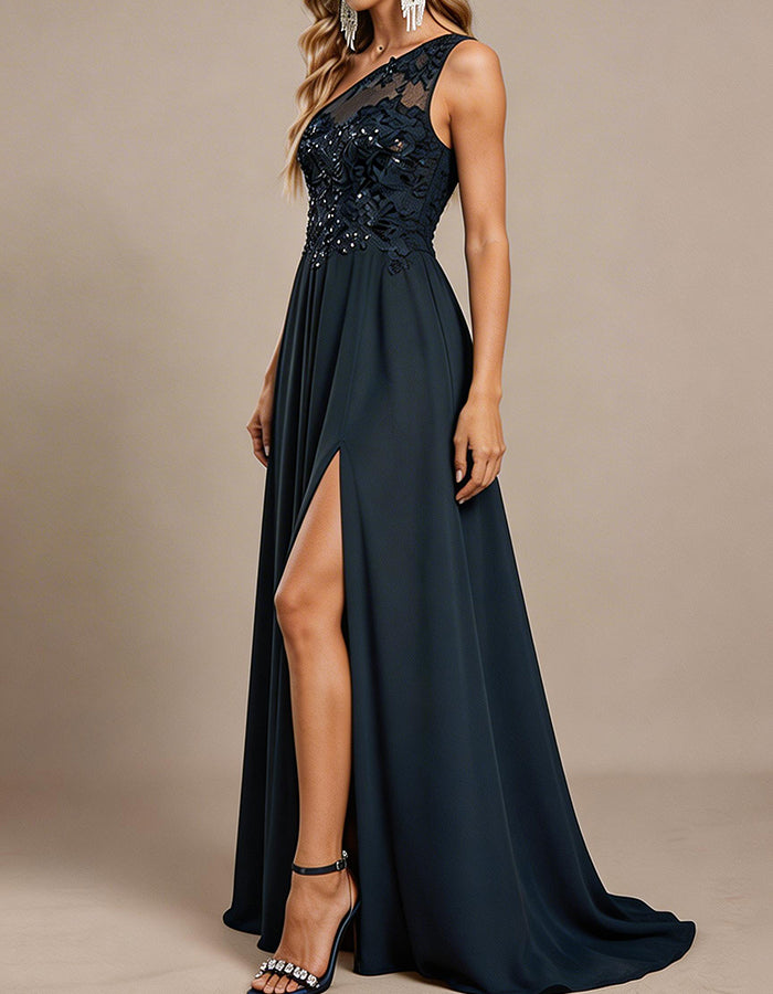 Marineblaues Ein-Schulter Spitze & Pailletten Chiffon A-Linien Maxikleid