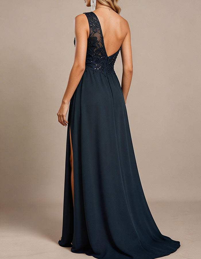 Marineblaues Ein-Schulter Spitze & Pailletten Chiffon A-Linien Maxikleid
