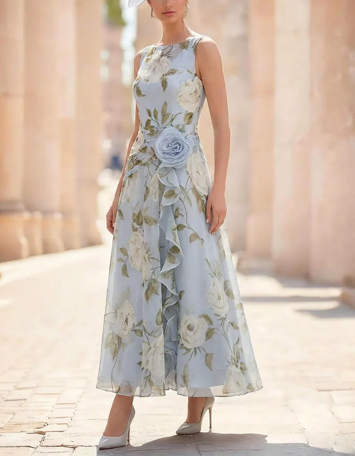 Vestido Maxi de Chiffon Sem Mangas com Folhos e Estampa