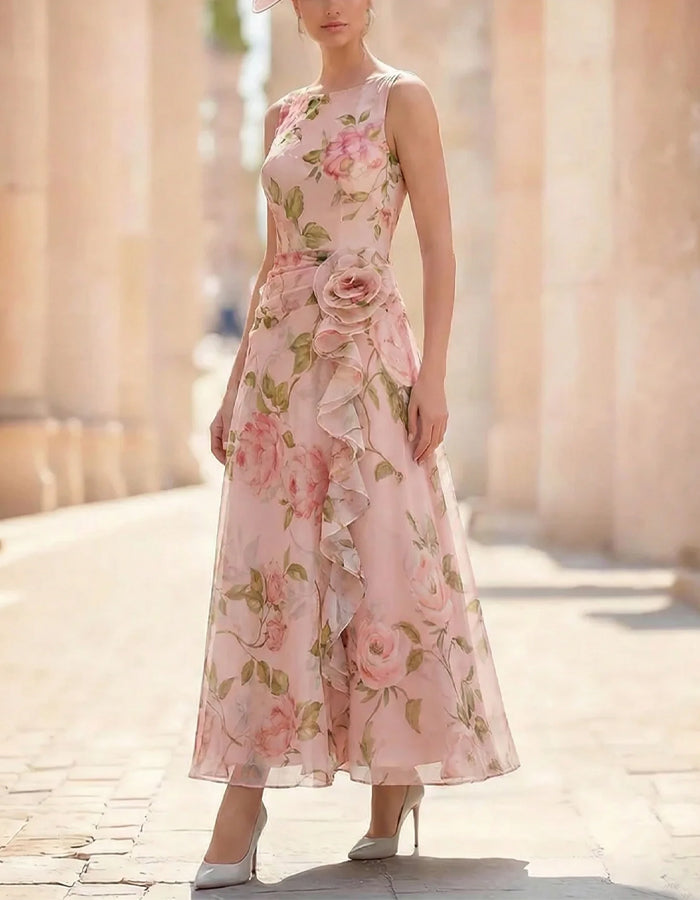 Maxi-jurk van chiffon met print, mouwloos en ruches