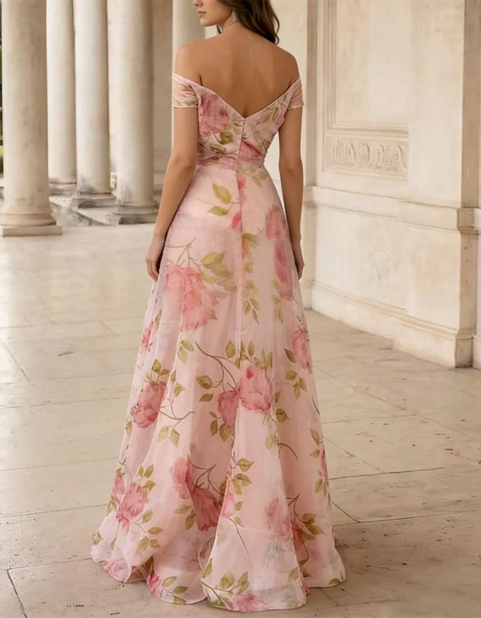 Abito lungo in chiffon con stampa floreale e spalle scoperte