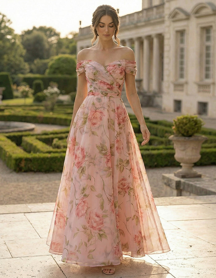 Abito lungo in chiffon con stampa floreale e spalle scoperte