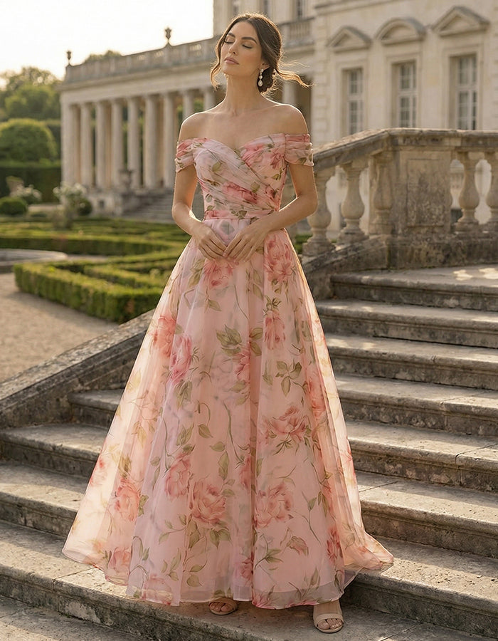 Abito lungo in chiffon con stampa floreale e spalle scoperte