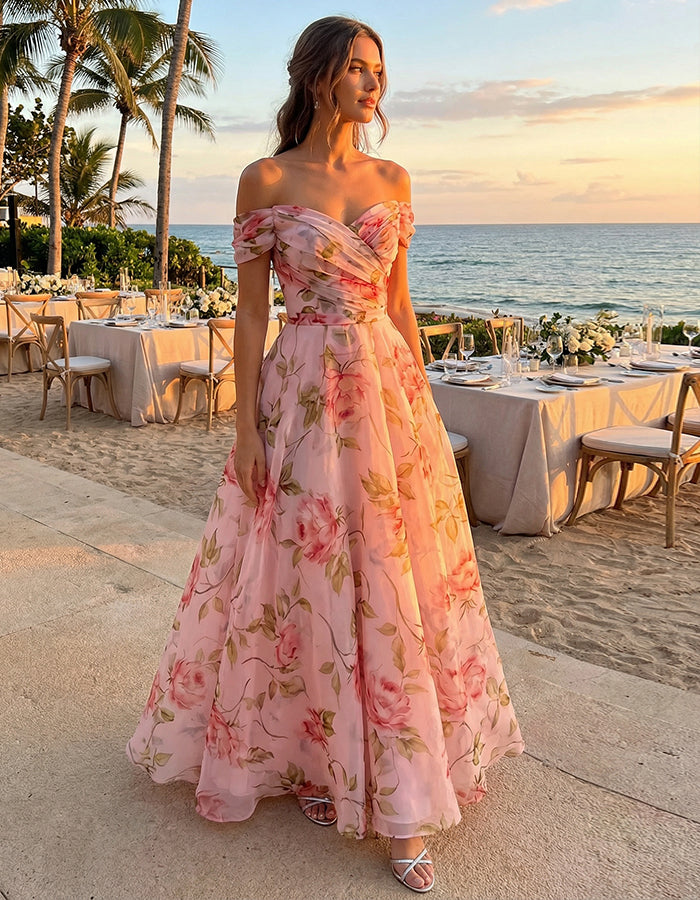 Abito lungo in chiffon con stampa floreale e spalle scoperte