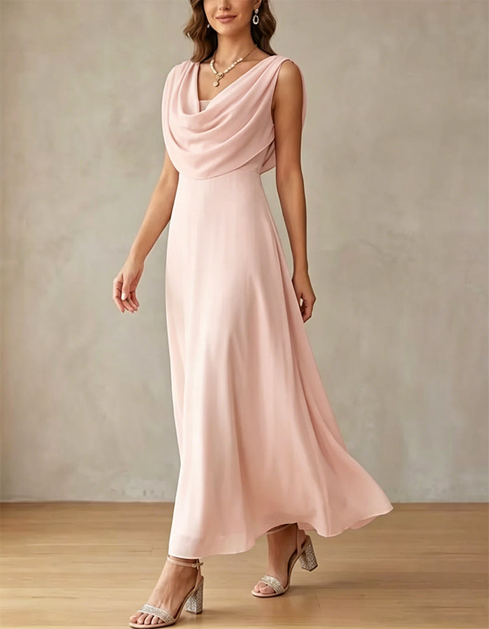 Vestido maxi rosa drapeado em chiffon