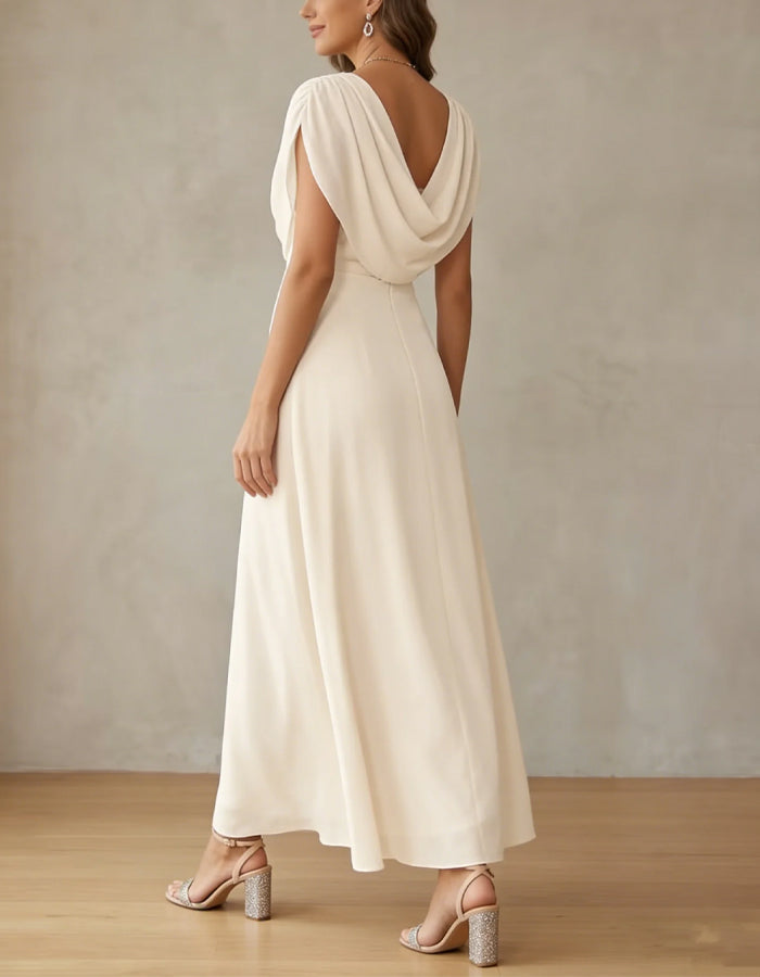 Rochie maxi roz din chiffon drapat