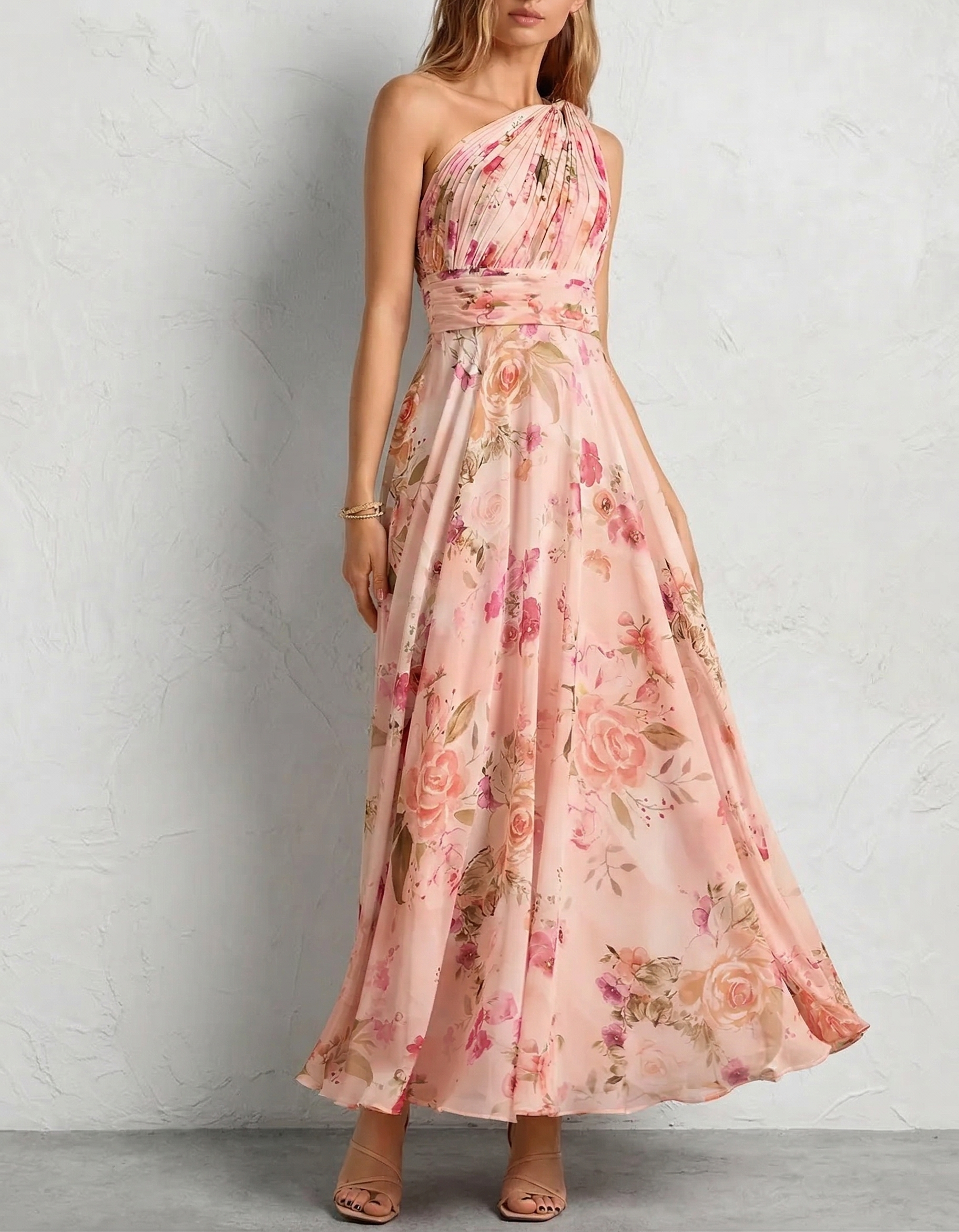 Vestido maxi de un solo hombro con estampado floral en chiffon rosa chiffon