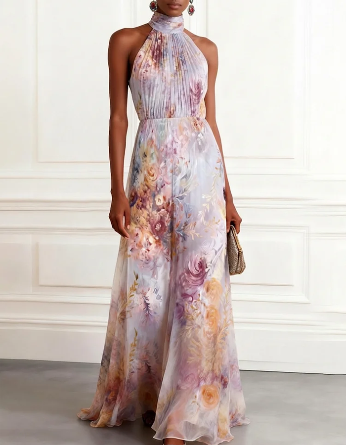 Rochie maxi din șifon cu bretele și imprimeu floral acuarelă