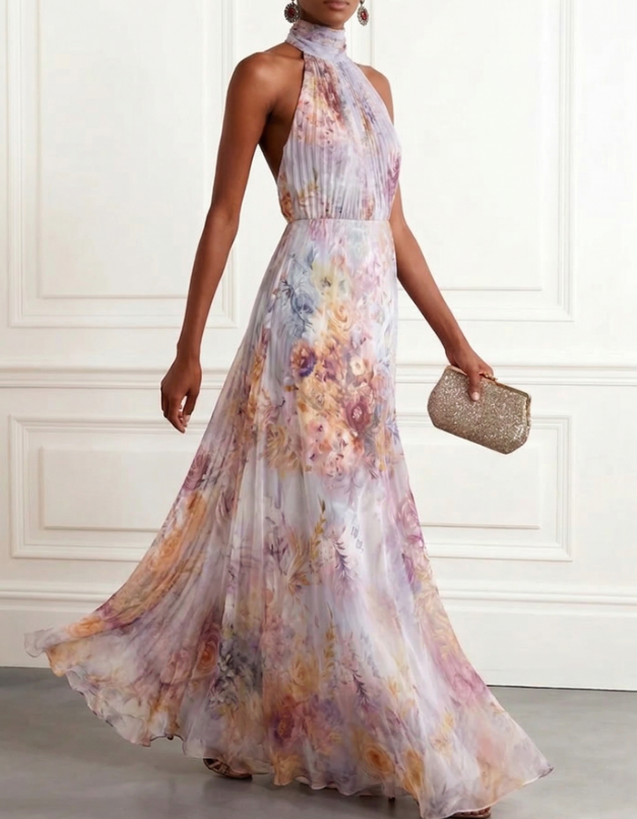 Robe longue en mousseline à bretelles avec motif floral aquarelle