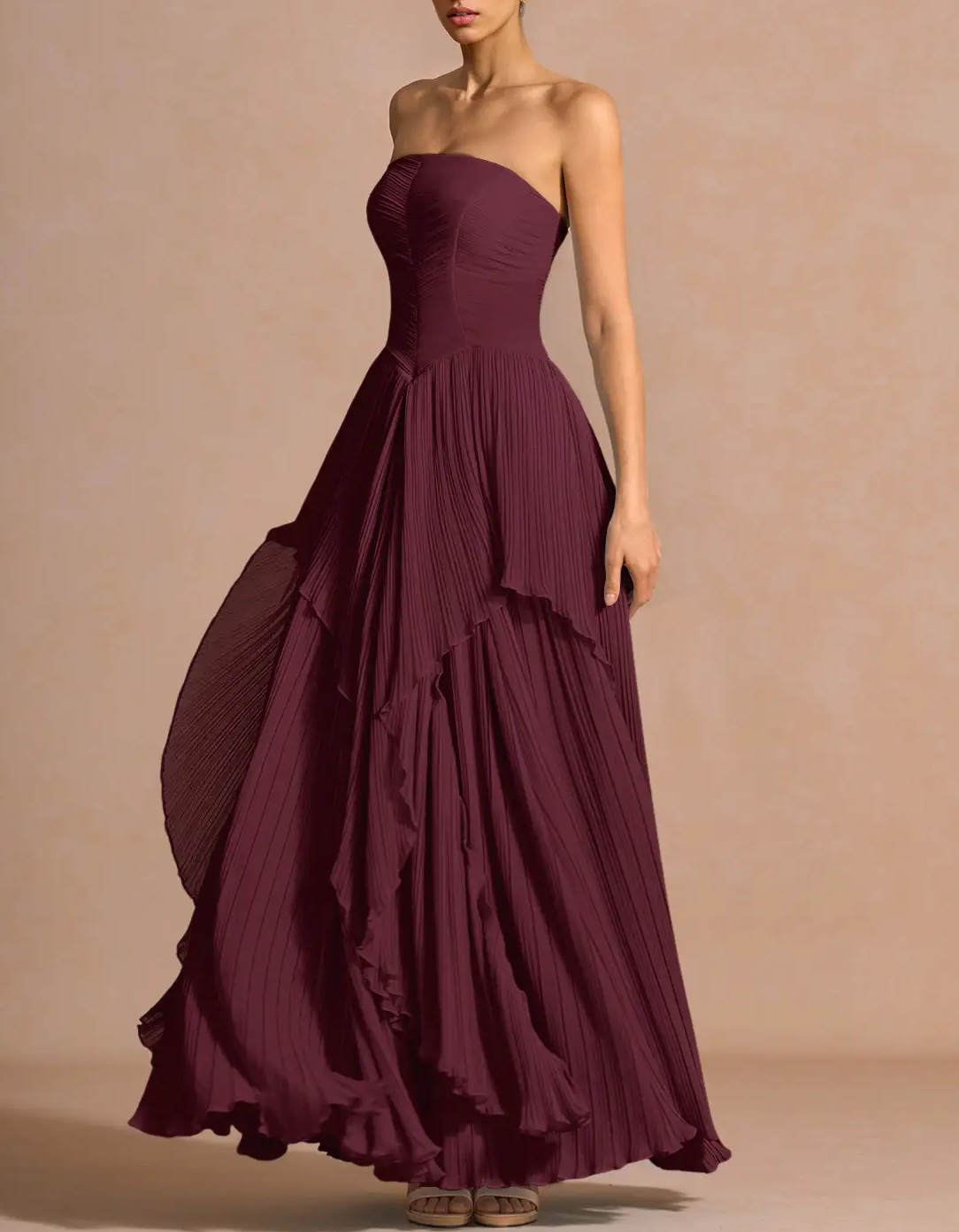 Vestido maxi sin tirantes con capas plisadas y cintura en gasa  