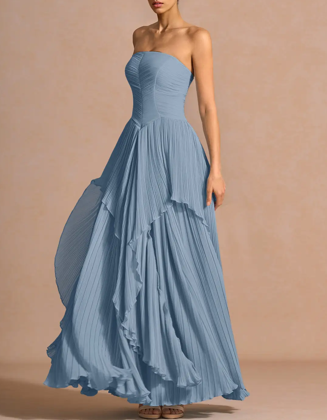 Vestido maxi sin tirantes con capas plisadas y cintura en gasa  