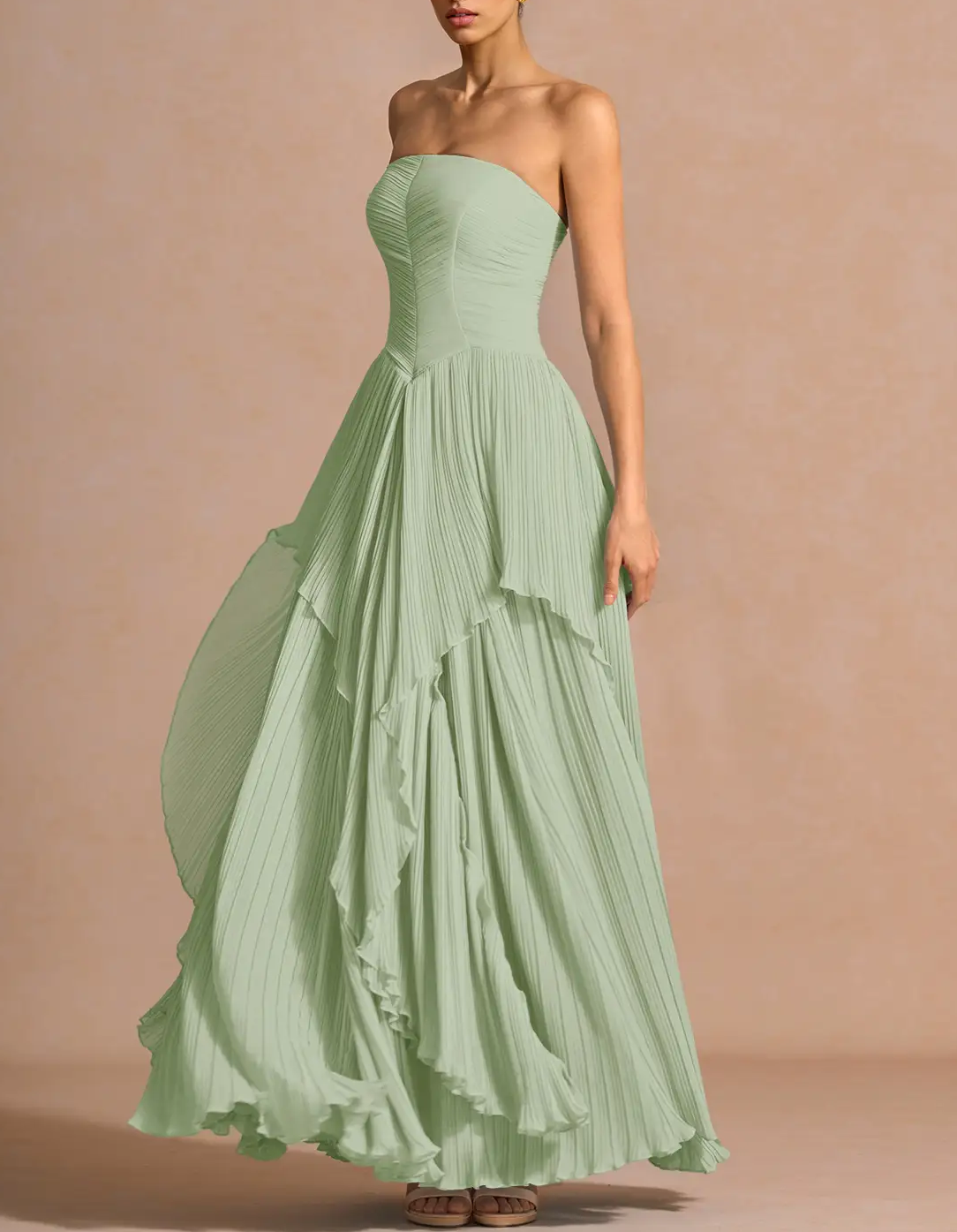 Vestido maxi sin tirantes con capas plisadas y cintura en gasa  