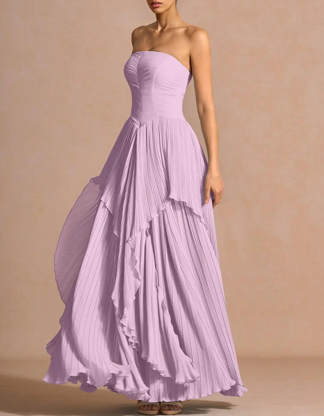 Vestido maxi sin tirantes con capas plisadas y cintura en gasa  