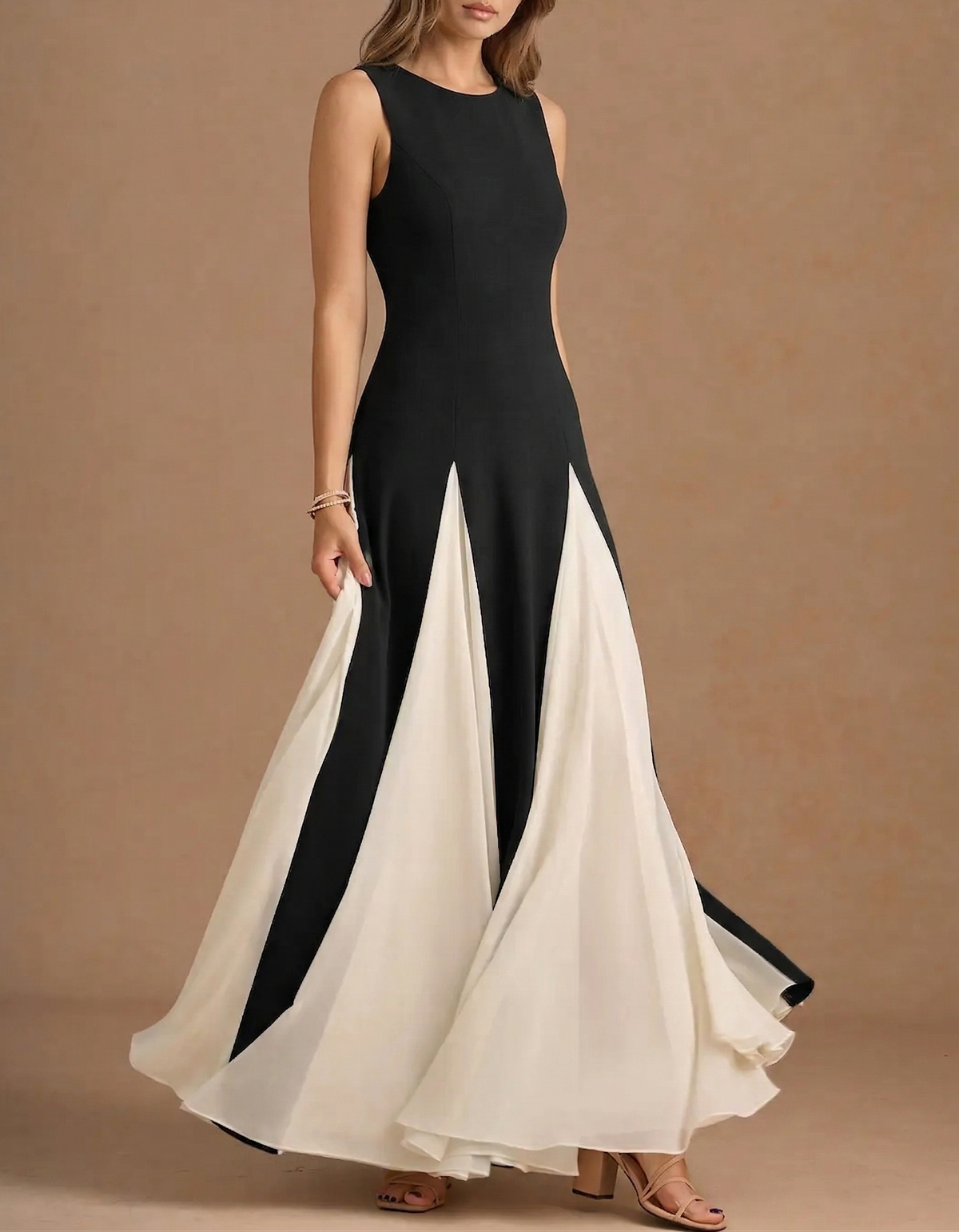 Black And White Chiffon Sleeveless Fitted Waist Maxi Dress
