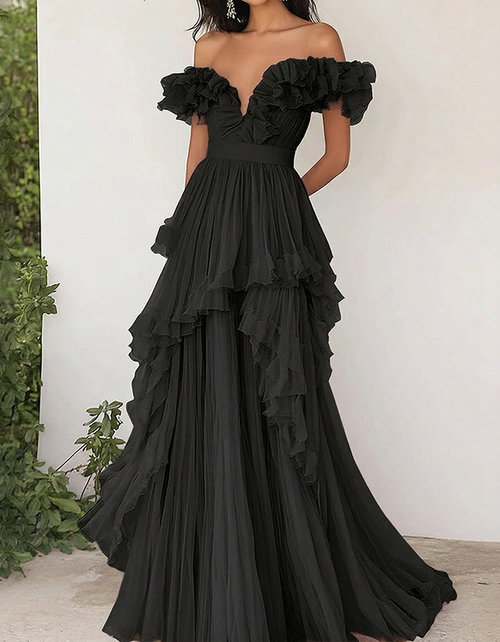 Lavendelfarbenes schulterfreies Rüschen Chiffon Maxikleid