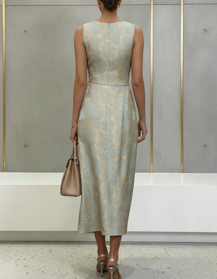 Robe midi sans manches en jacquard floral or vert sauge