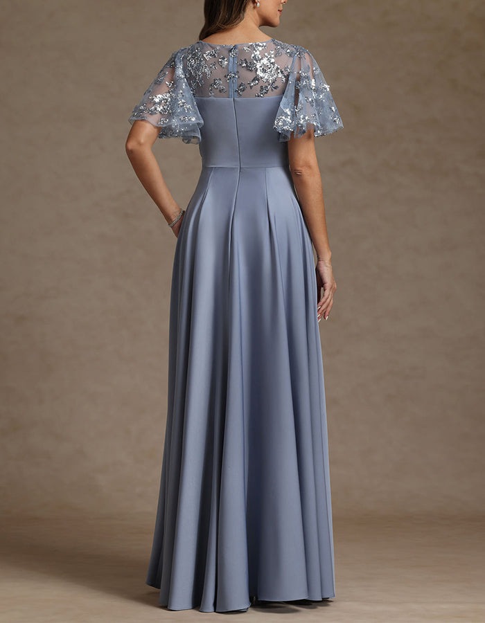Staubblaues Spitzen- & Pailletten-Flatterärmel Satin Maxikleid