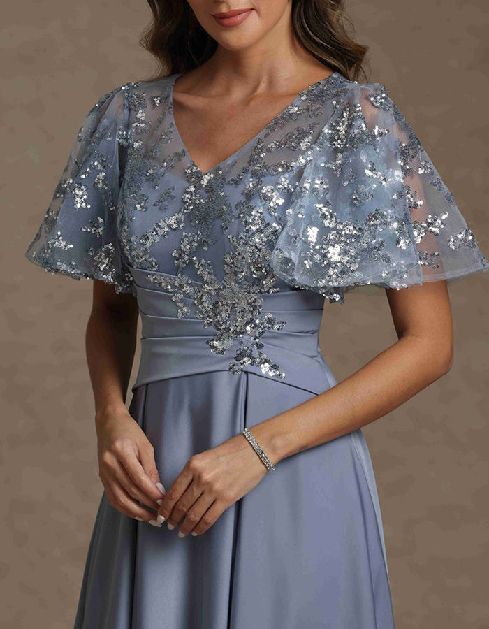 Staubblaues Spitzen- & Pailletten-Flatterärmel Satin Maxikleid