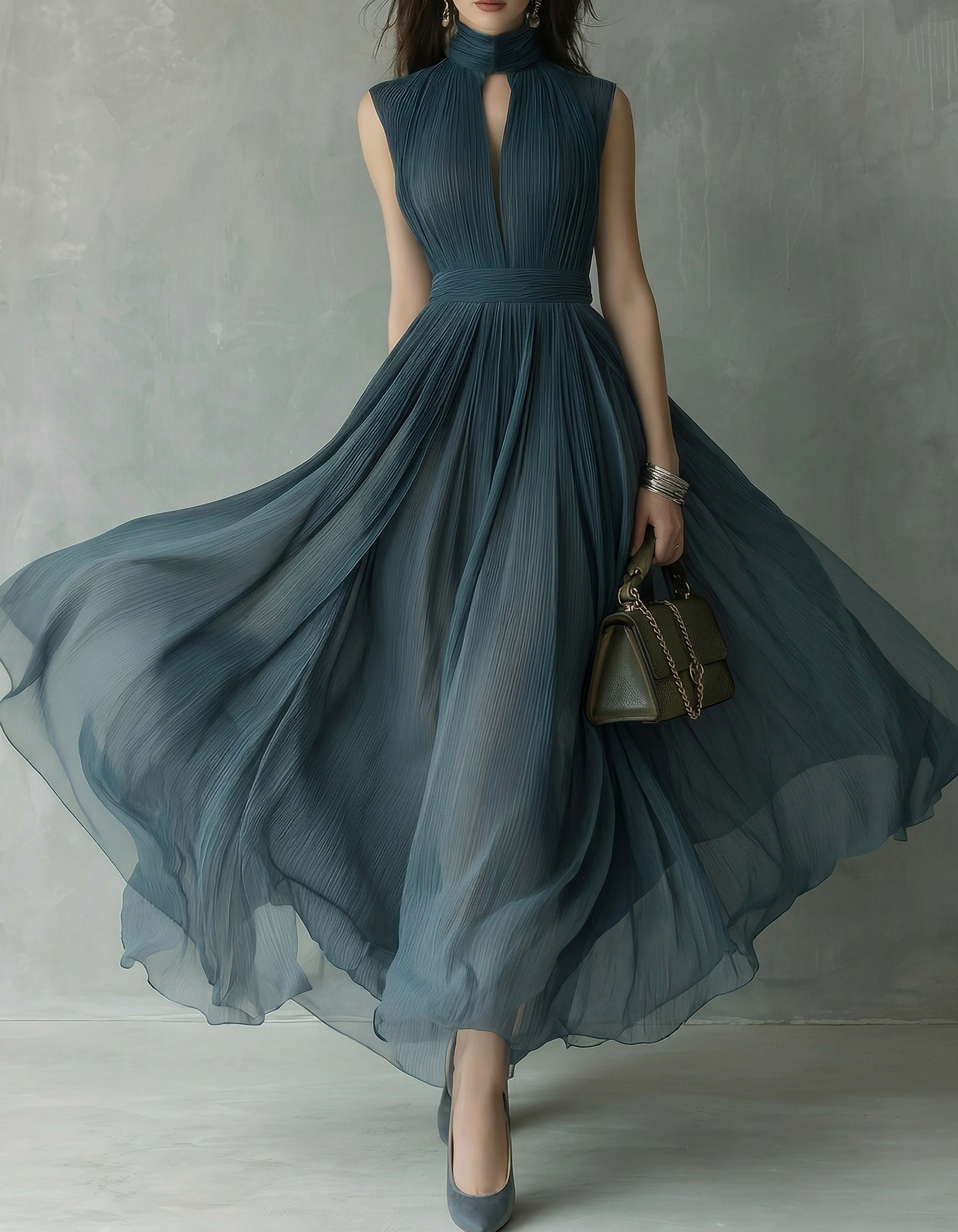 Abito lungo in chiffon blu nebbia con lavorazione a traforo e vita aderente  