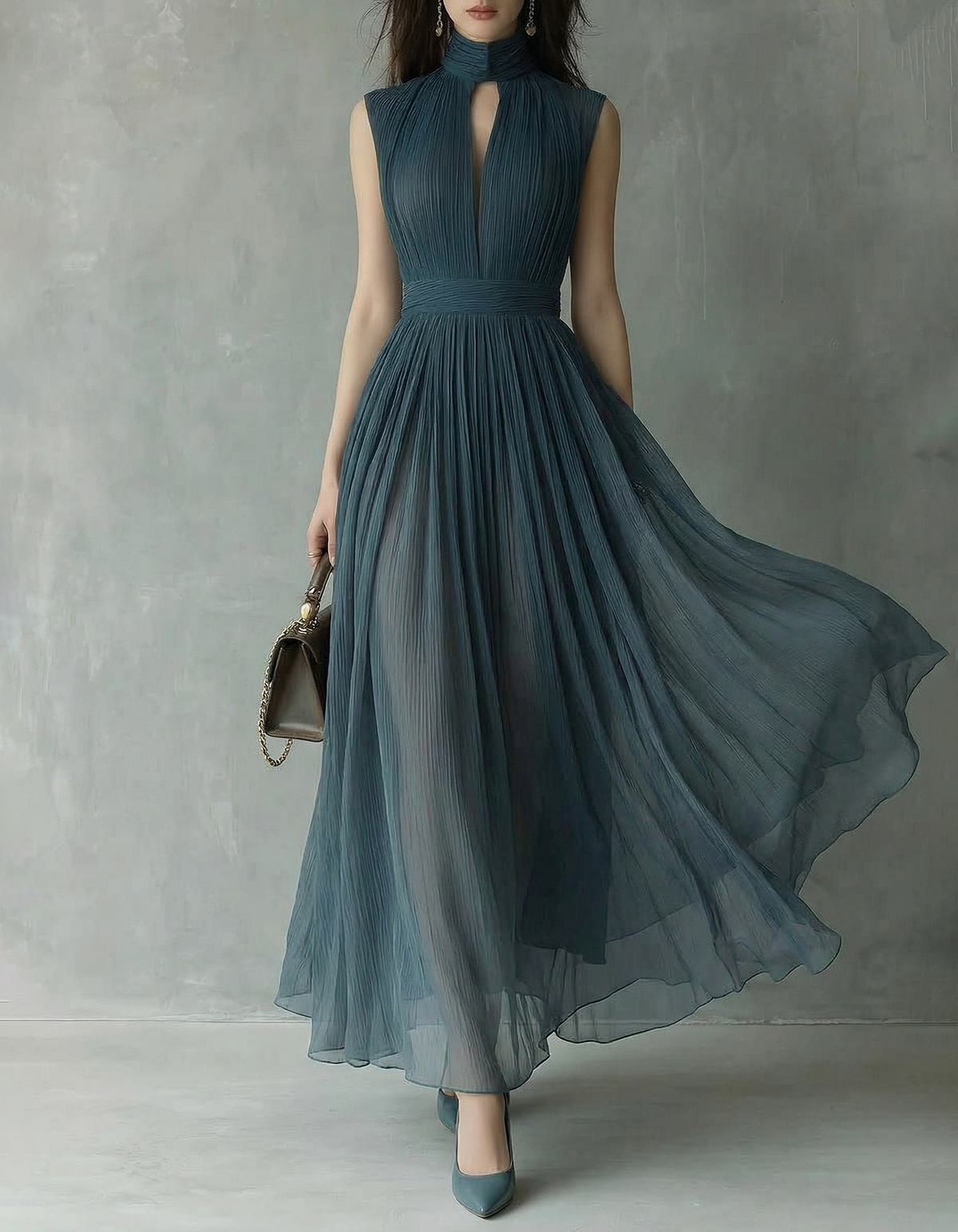Abito lungo in chiffon blu nebbia con lavorazione a traforo e vita aderente  