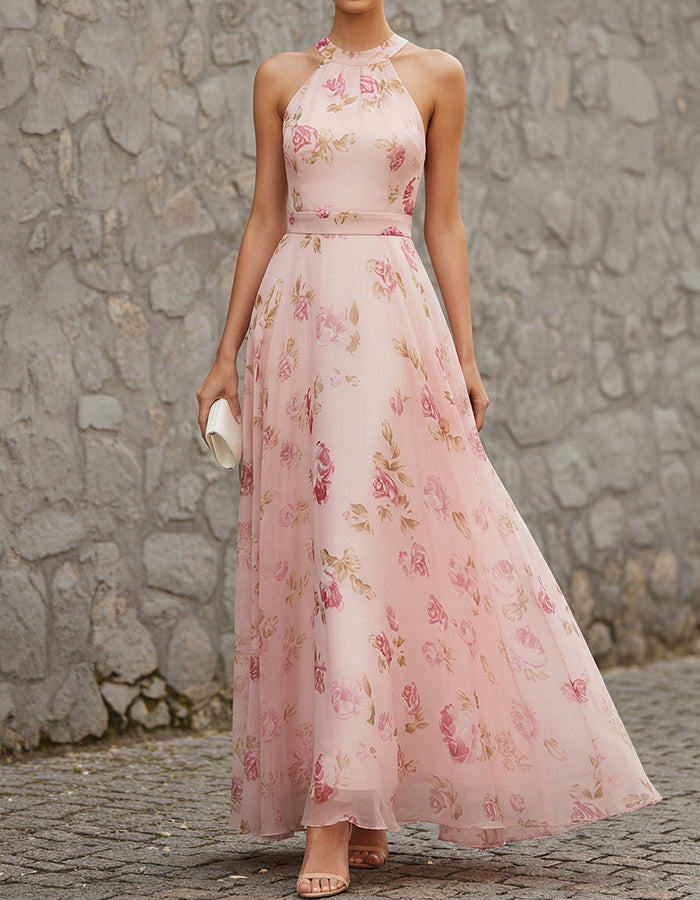 فستان ماكسي شيفون بطبعة ورود برقبة هالتر باللون الوردي الخجول  
