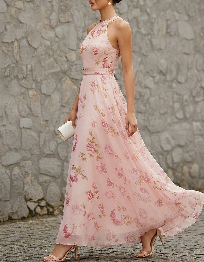 Robe maxi en mousseline rose blush à col licou imprimé rose