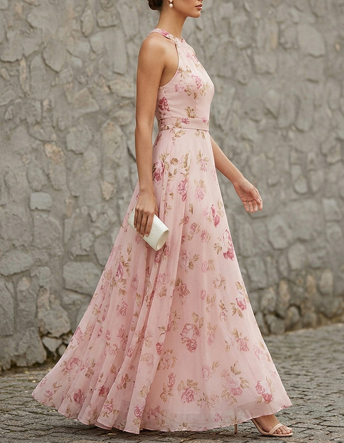 Robe maxi en mousseline rose blush à col licou imprimé rose