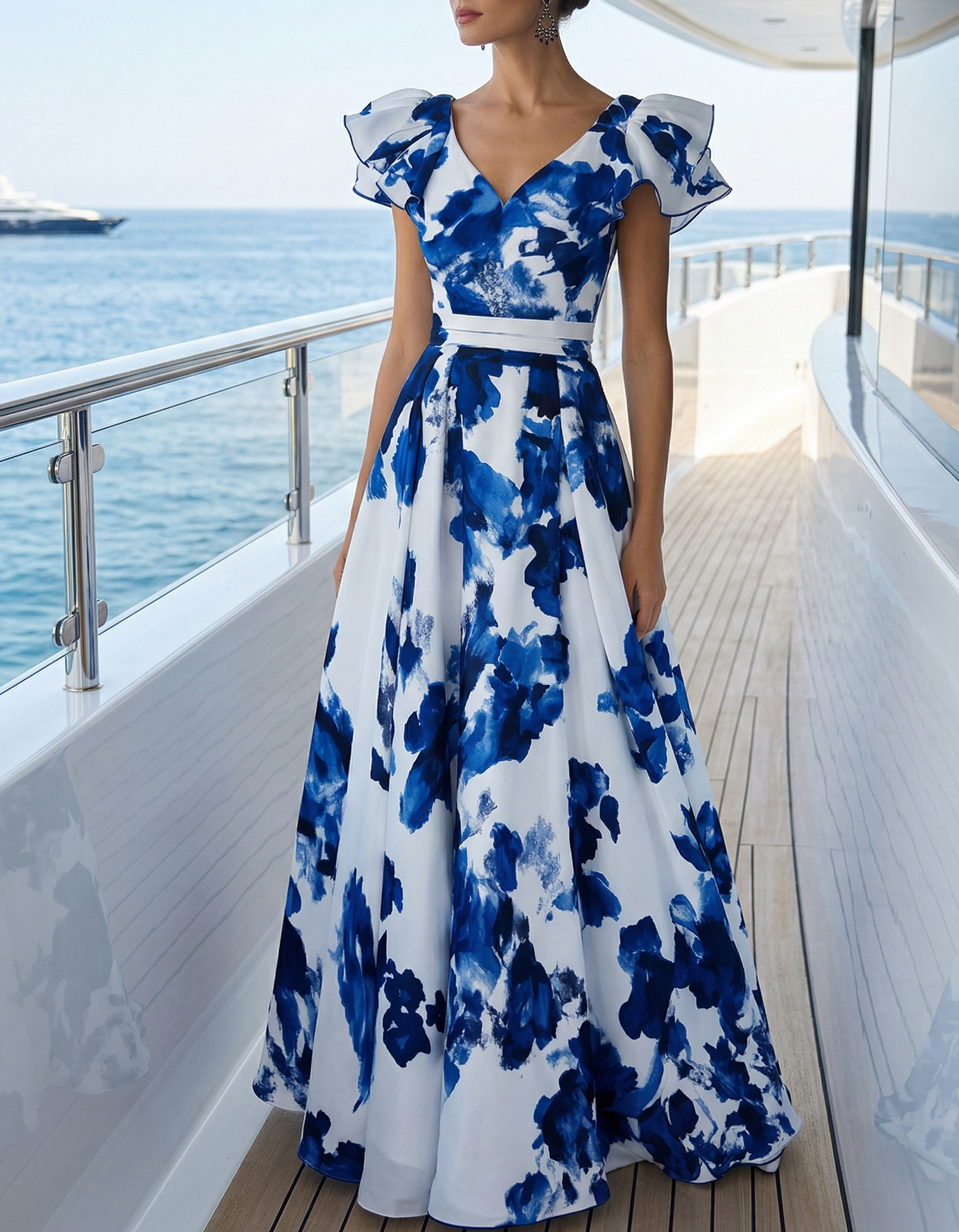 Dark Blue Chiffon Printed V-Neck Fitted Waist A-Line Maxi Dress