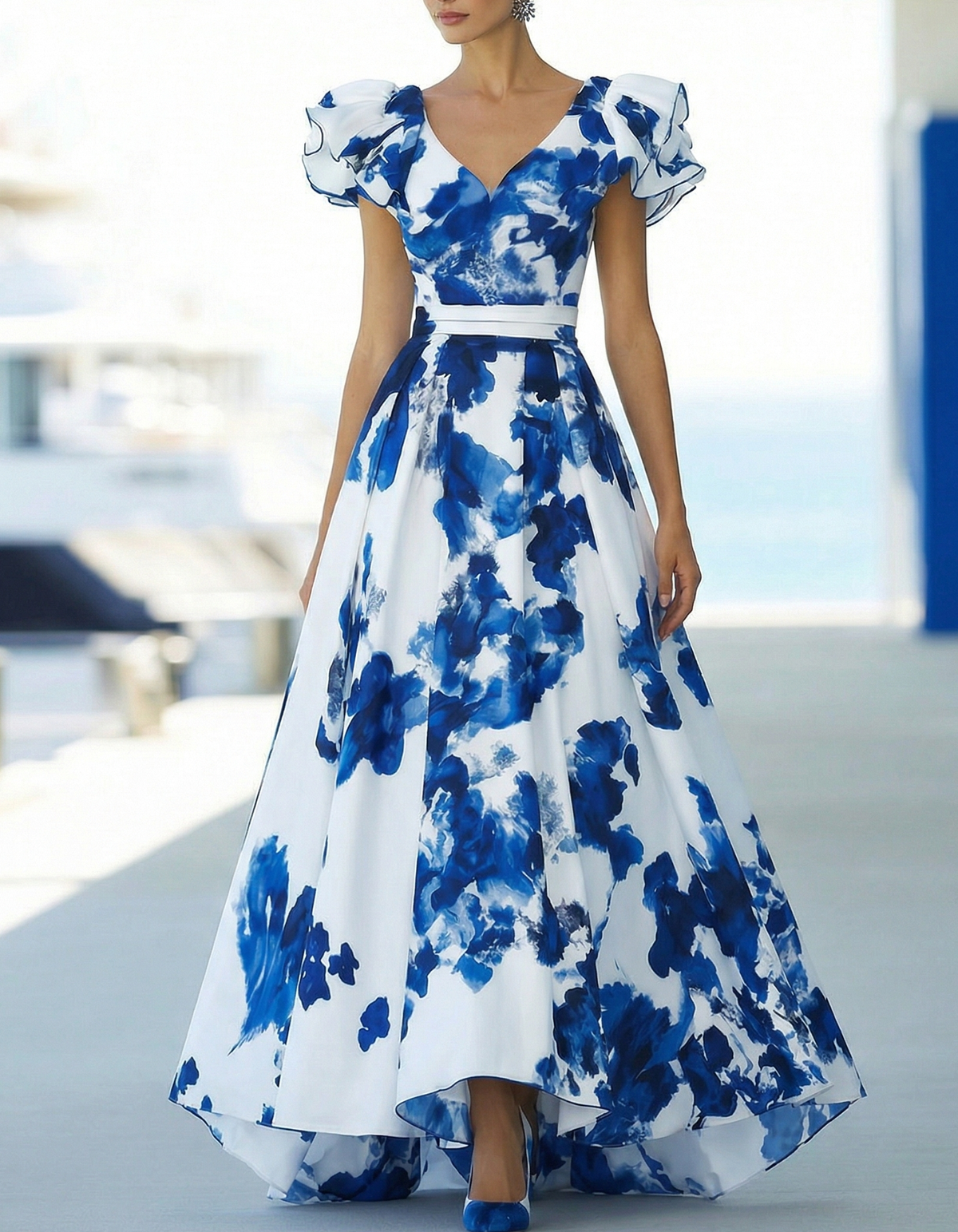 Abito lungo in chiffon blu scuro con stampa, scollo a V, vita aderente e linea a trapezio  
