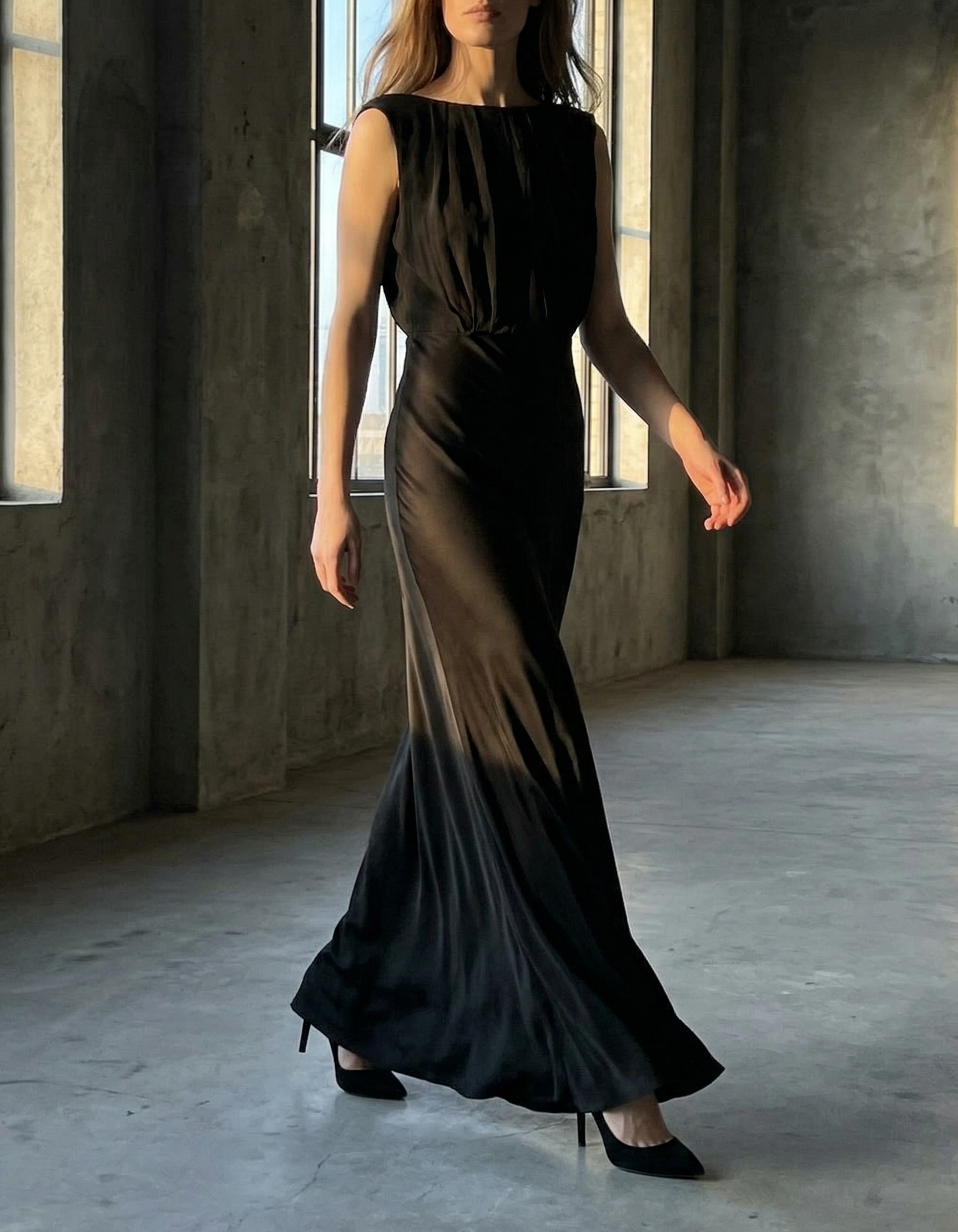 Vestido maxi de chiffon preto com recortes de cetim, trabalho em aberto e cauda de sereia
