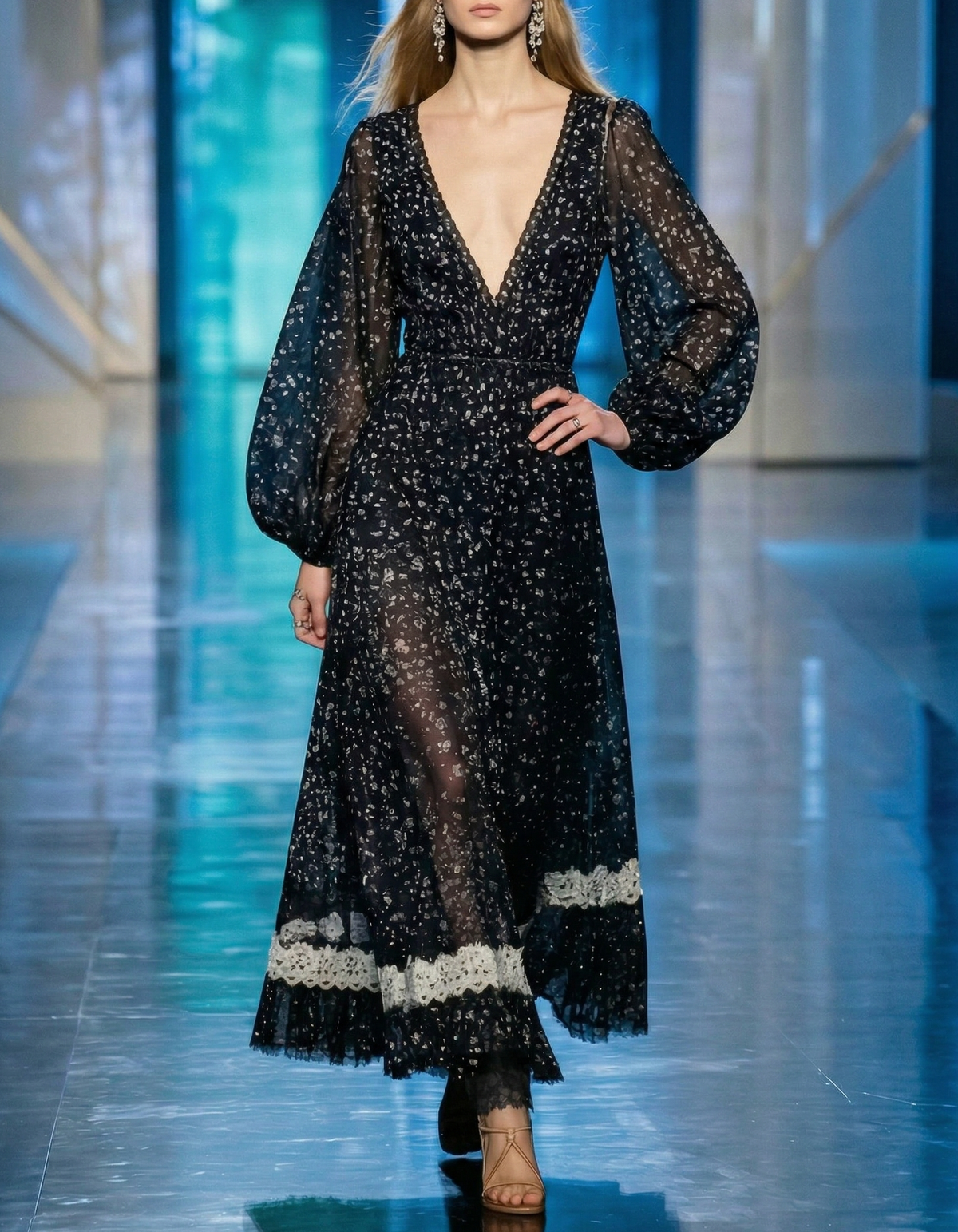 Black Chiffon Printed Lace Trim Puff Sleeves Maxi Dress
