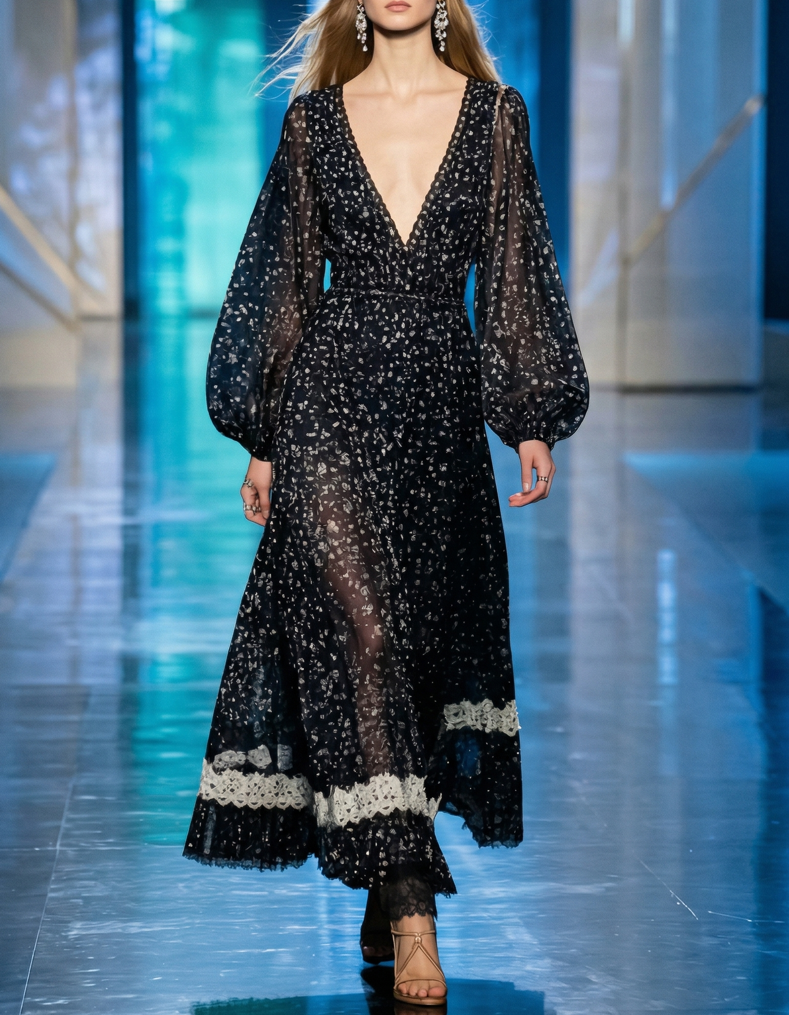 Vestido maxi de chiffon negro con estampado, encaje y mangas abullonadas