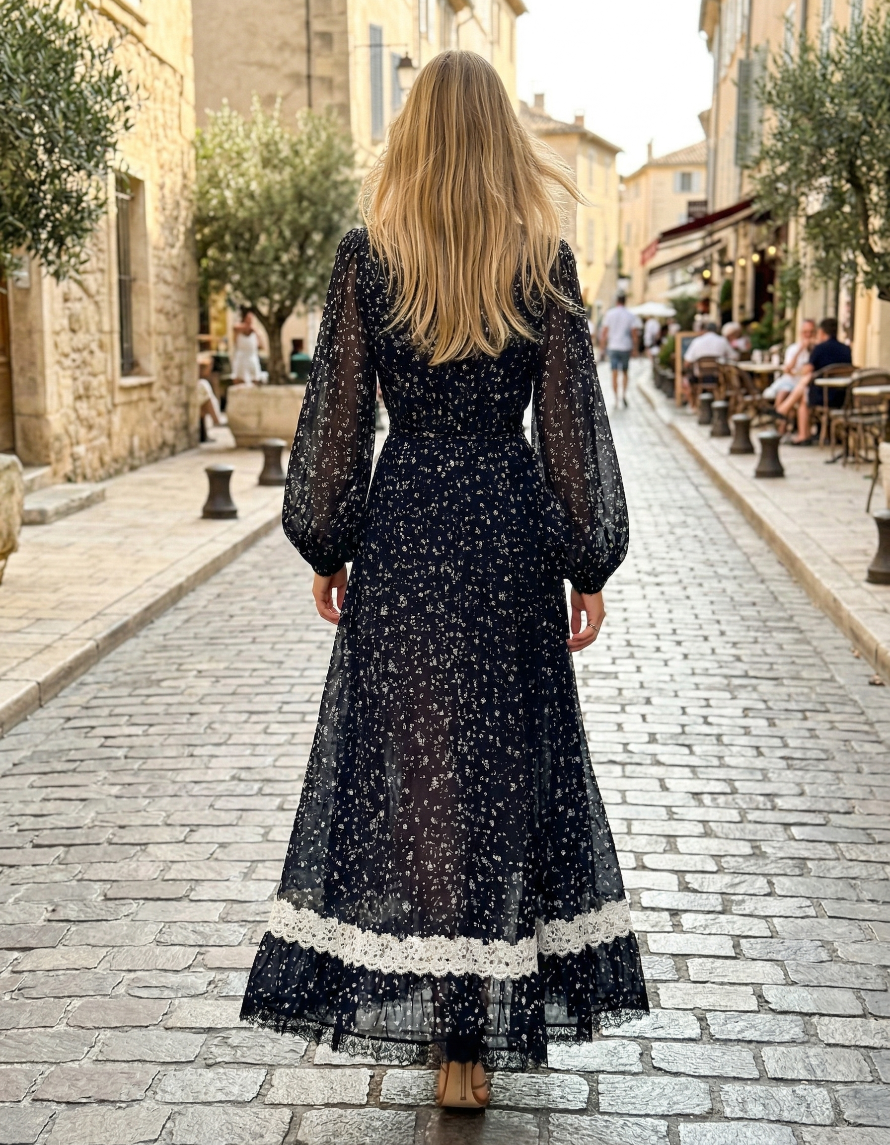 Black Chiffon Printed Lace Trim Puff Sleeves Maxi Dress