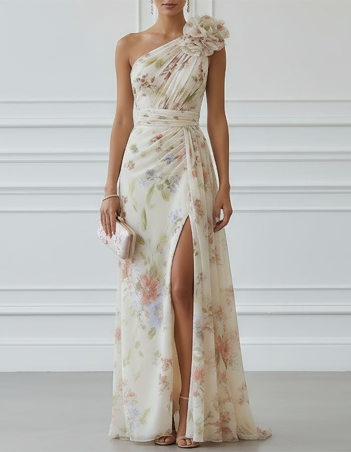 Vestido largo de gasa beige claro con base y flores coloridas 3D, escote off shoulder y aberturas