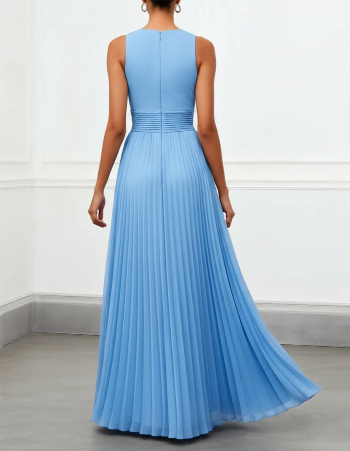 Lichtblauwe opengewerkte geplooide chiffon maxi-jurk