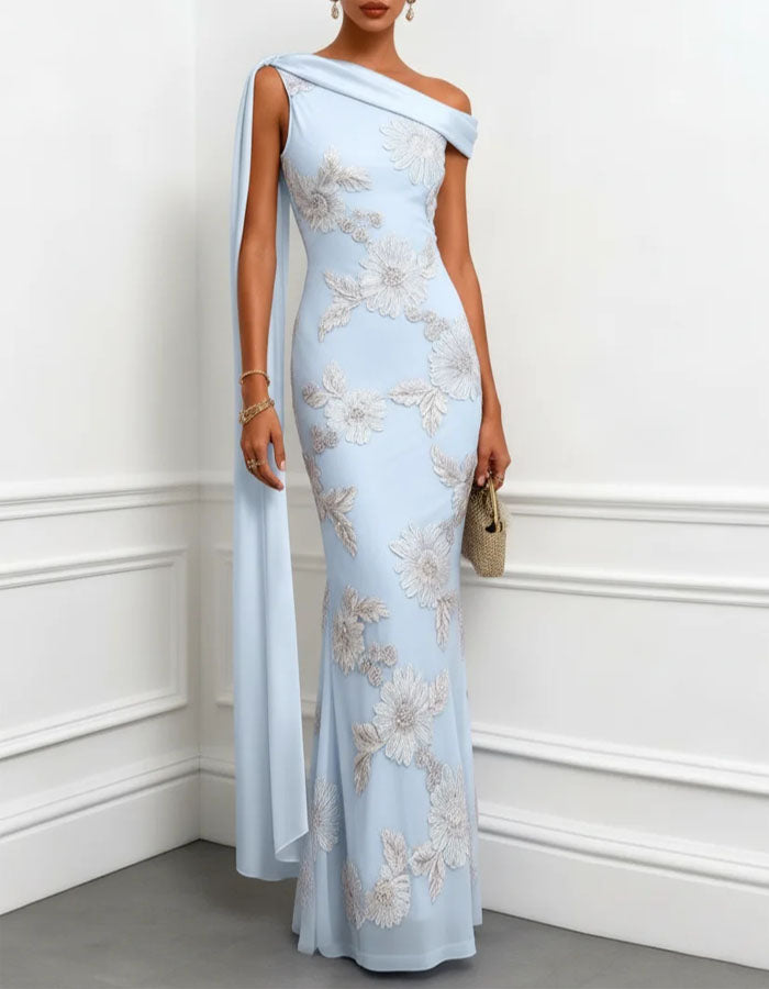 Light Blue Off Shoulder Embroidered Fishtail Fabric Maxi Dress
