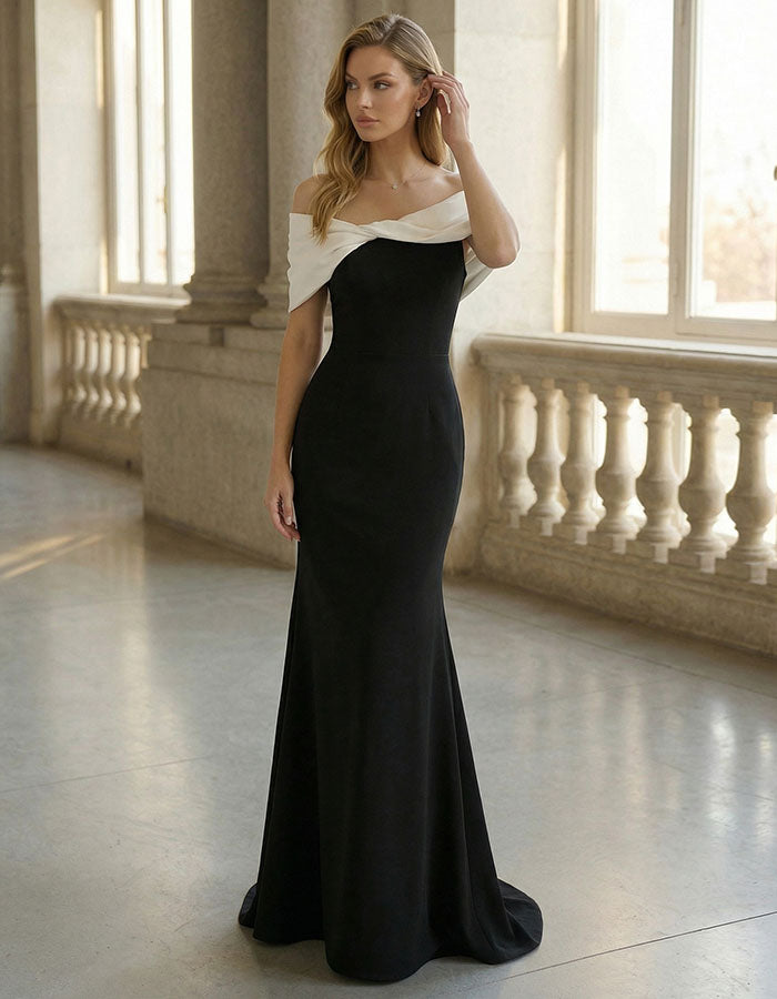 Rochie maxi alb-negru cu blocuri de culoare, umeri goi și coadă de pește