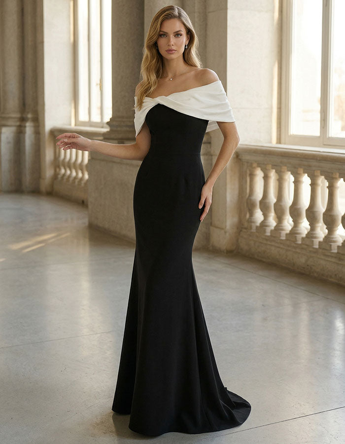 Rochie maxi alb-negru cu blocuri de culoare, umeri goi și coadă de pește