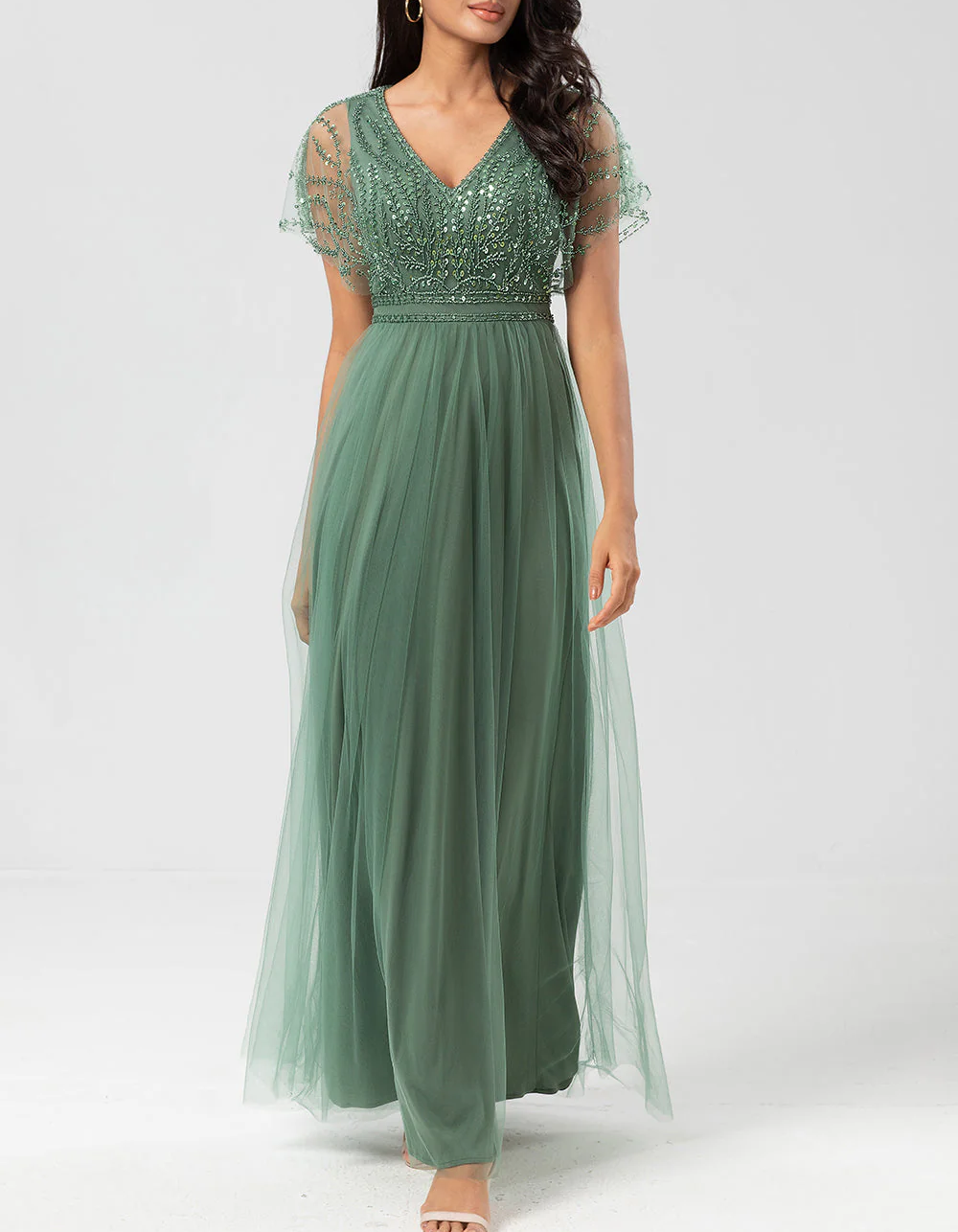 Vestido maxi de chiffon cinza-esverdeado com malha, renda bordada e decote em V