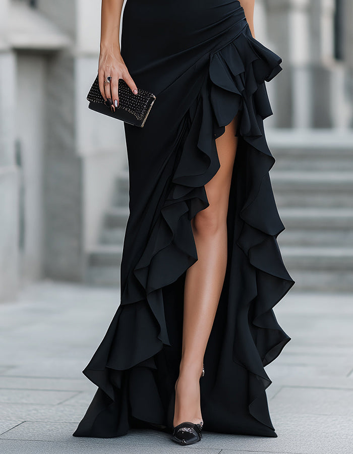 Black Asymmetrical Neck Ruffled Mermaid Maxi Dress