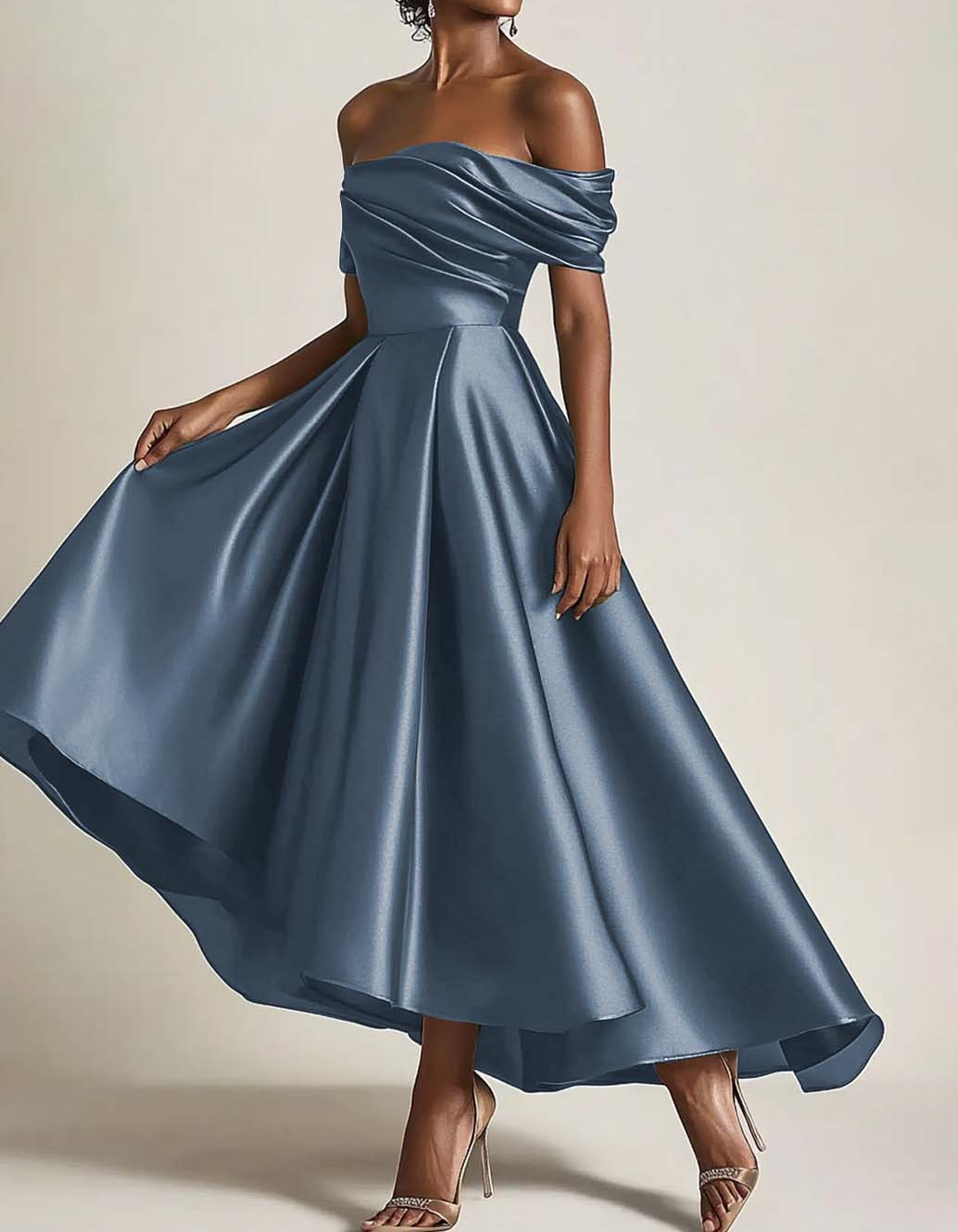 Vestido midi de cetim com decote ombro a ombro, cintura ajustada e corte em A