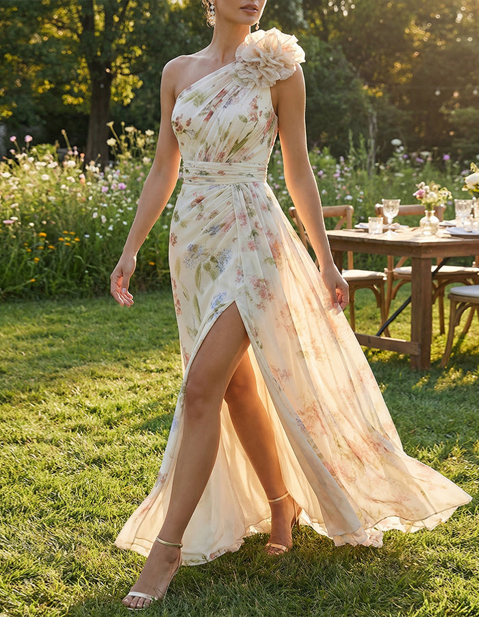 Abito lungo in chiffon beige chiaro con base colorata, fiori 3D e spalle scoperte, con spacchi