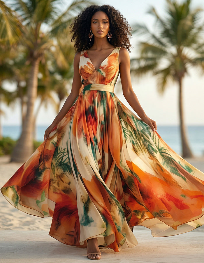 Orange Tropical Plant Print V-neck Chiffon Maxi Dress