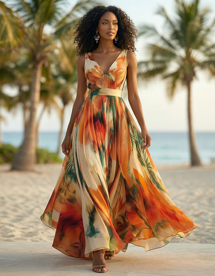 Orange Tropical Plant Print V-neck Chiffon Maxi Dress