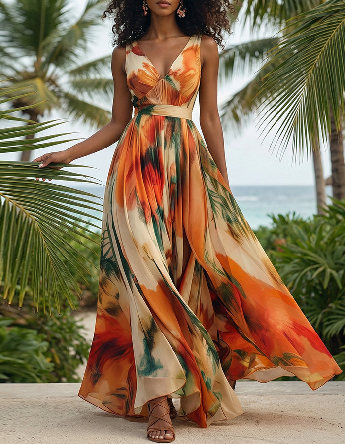 Orange Tropical Plant Print V-neck Chiffon Maxi Dress