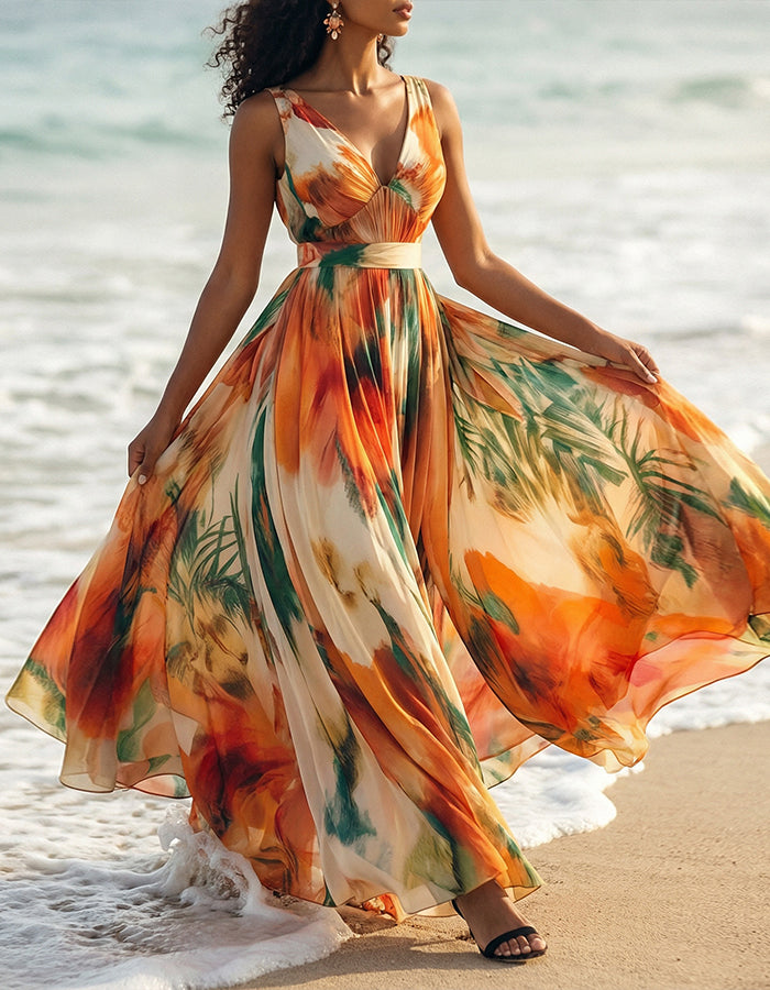 Orange Tropical Plant Print V-neck Chiffon Maxi Dress